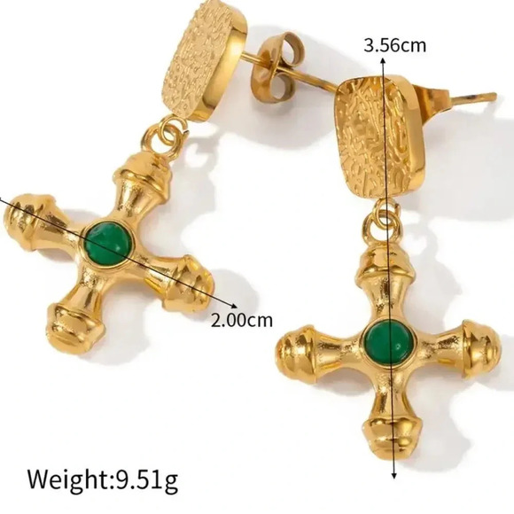 Taya 18KGold Plated Stainless Steel Waterproof Green Onyx Stone Cross Earrings - Picture 3 of 15
